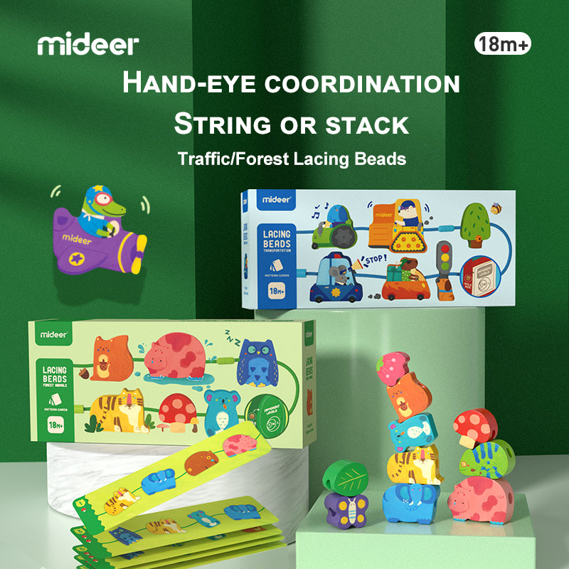 Juego de enhebrar figuras de madera mideer – Animales del bosque