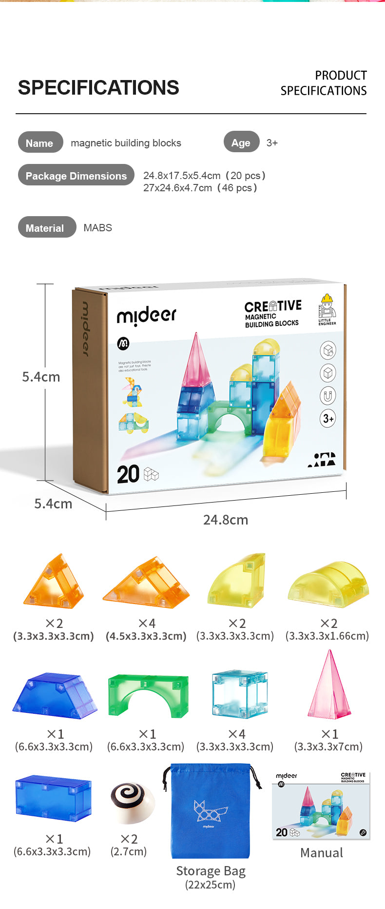 Zestaw EMS/DOIY klocki magnetyczne 3D z 20 kolorowymi elementami i torbą do przechowywania