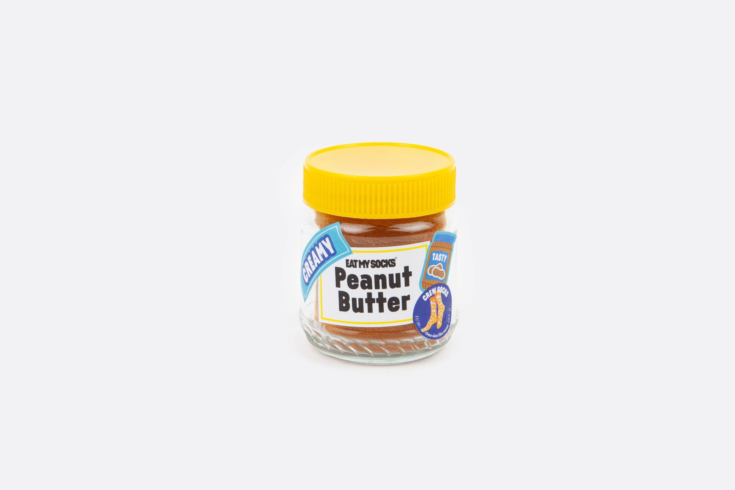 Słoik skarpetek Peanut Butter EMS o wyglądzie kremu orzechowego z żółtą zakrętką
