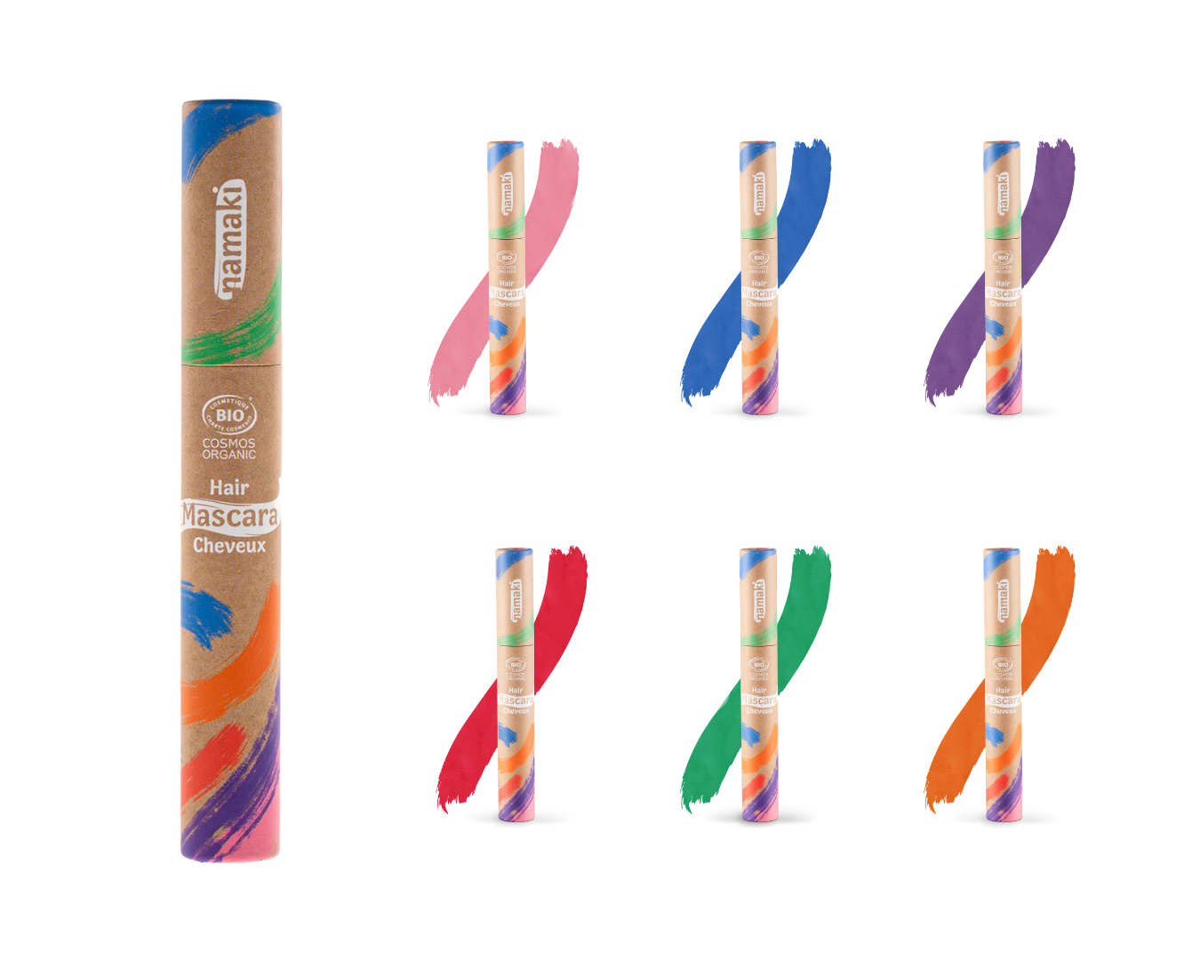 exibir embalagens de máscaras capilares Yamann em diversas cores de tinturas orgânicas
