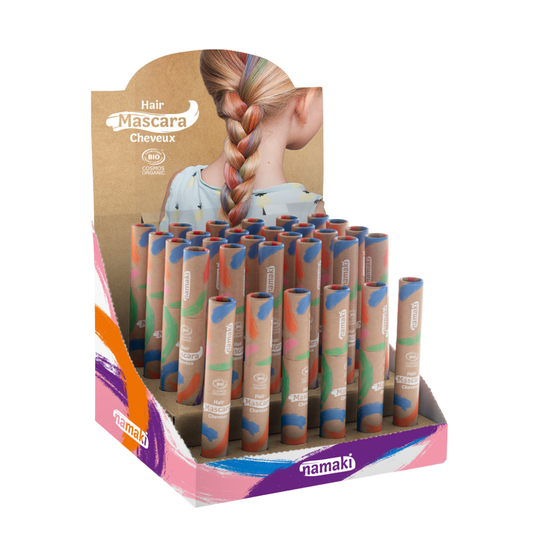 Embalagem display Yamann de máscaras capilares com ingredientes naturais e design colorido