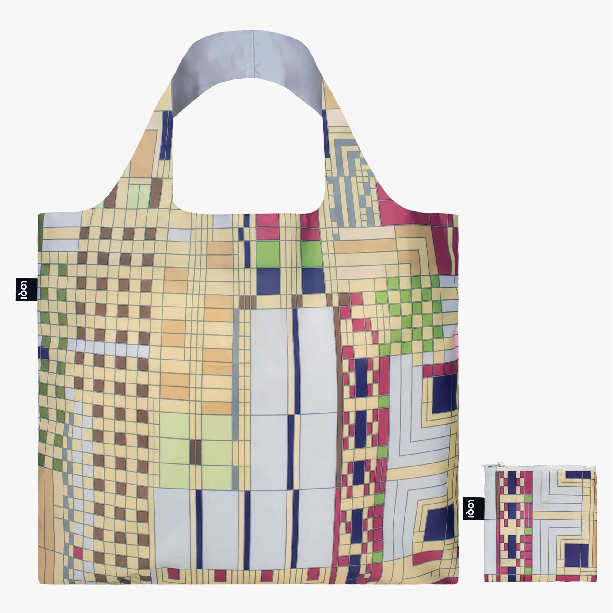 Kolorowa torba LOQI Frank Lloyd Wright z geometrycznym wzorem i kieszenią na drobiazgi