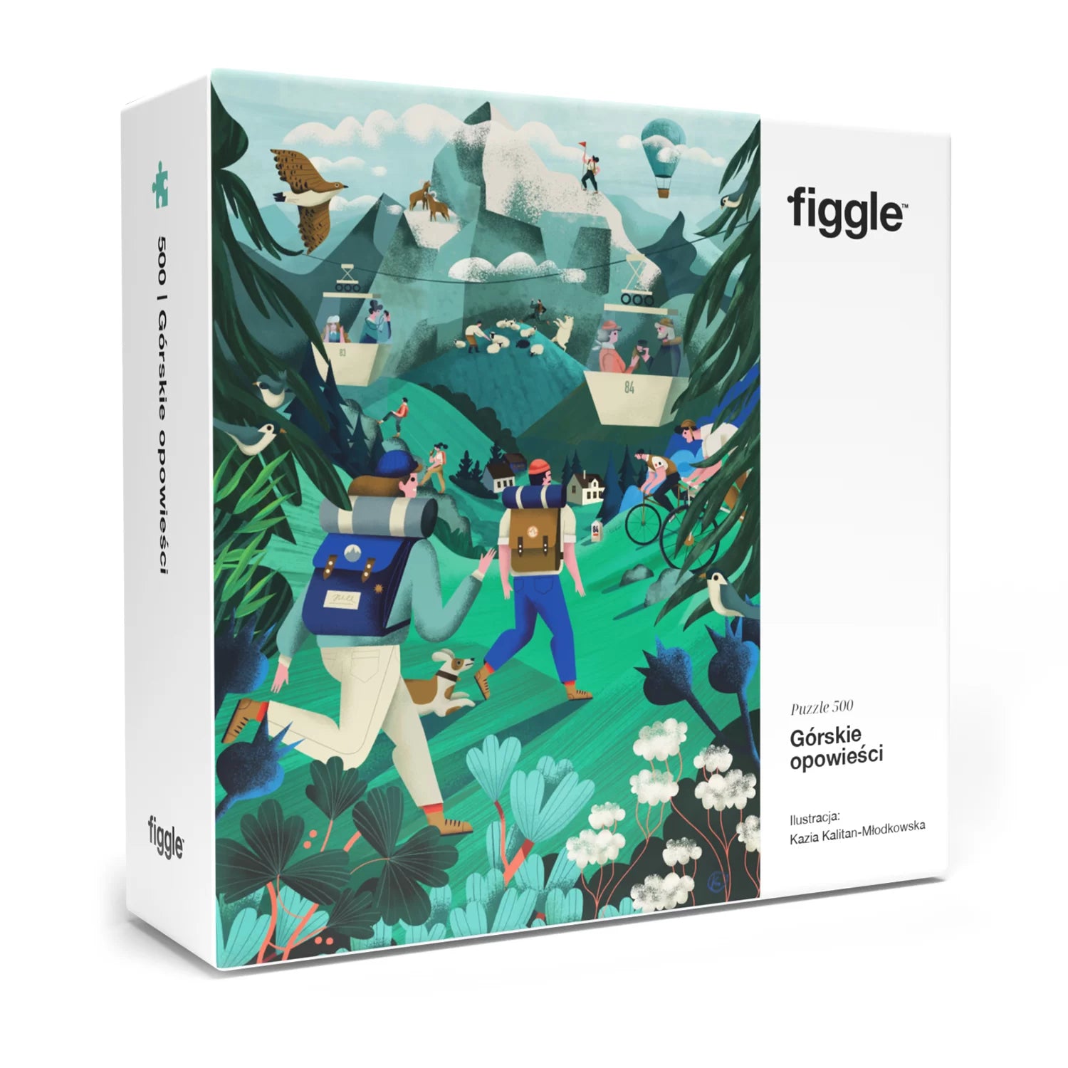 Puzzle 500 elementów górskie opowieści Figgle z ilustracją turystów w górach i przyrodą