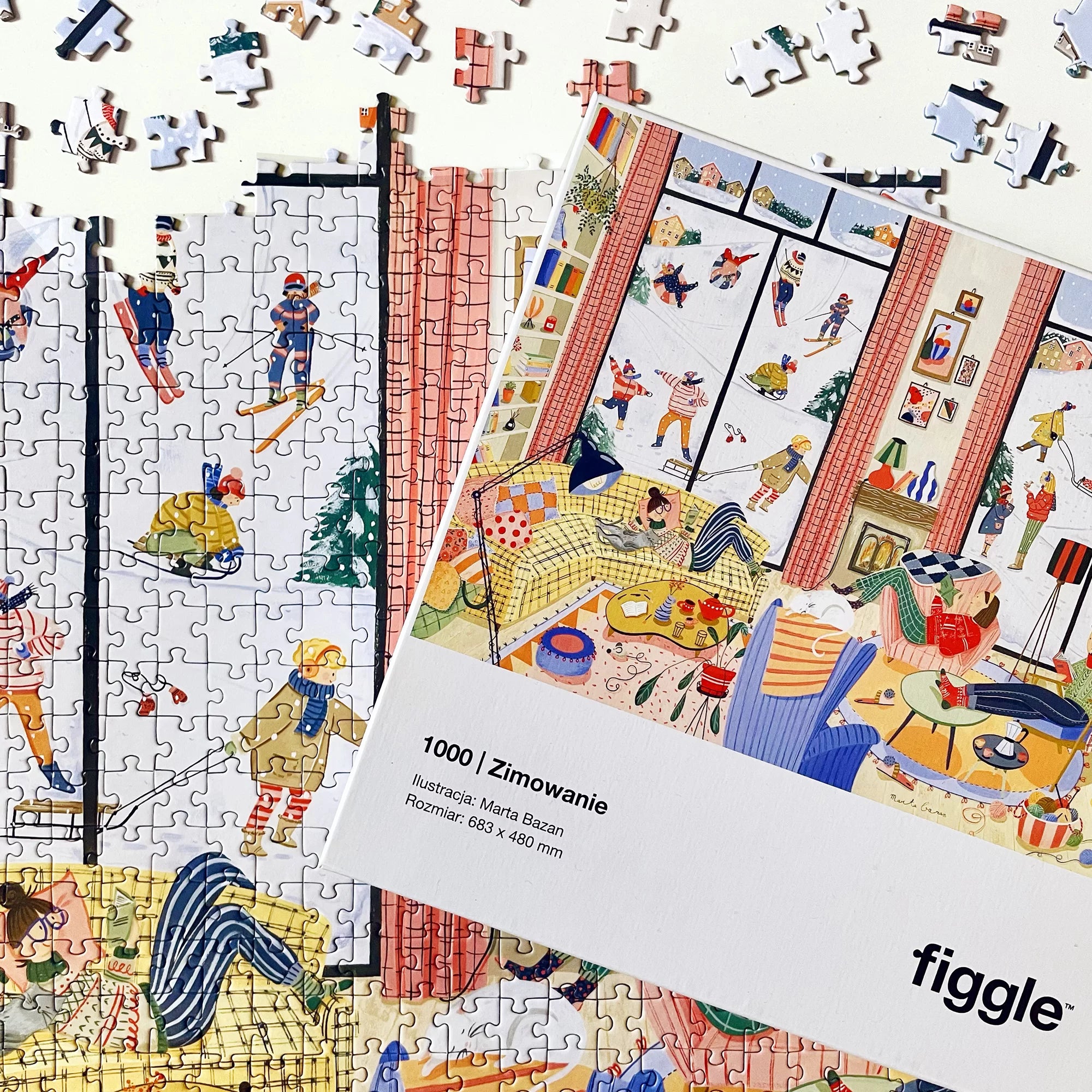 Puzzle zimowe 1000 elementów Figgle z ilustracją zimowych zabaw i scenek domowych