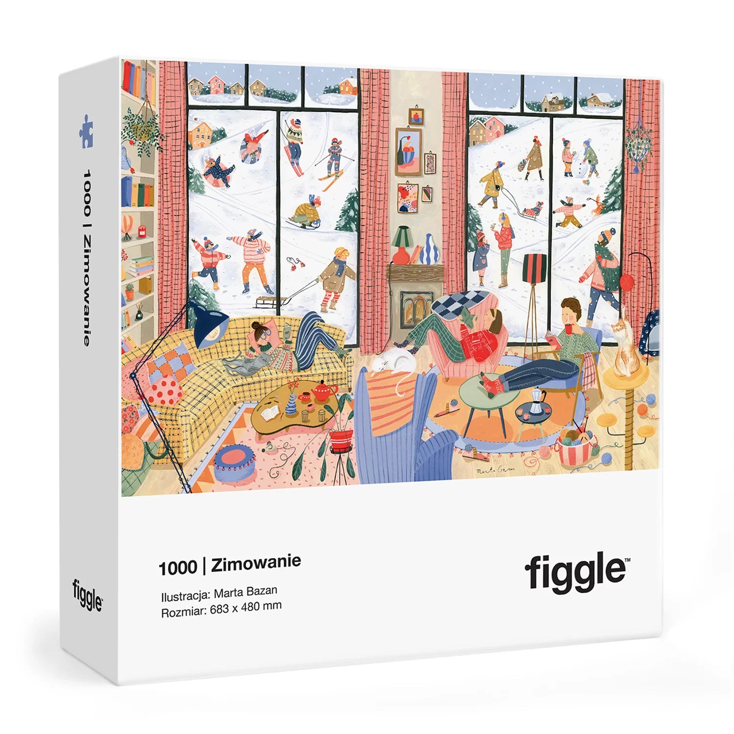 Puzzle zimowe 1000 elementów Figgle z ilustracją ludzi bawiących się na śniegu i w domu