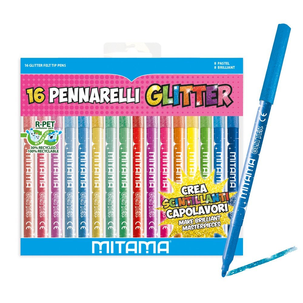 Set mit 16 Glitzerstiften für Kinder von Mitama in verschiedenen Farben mit präziser Spitze