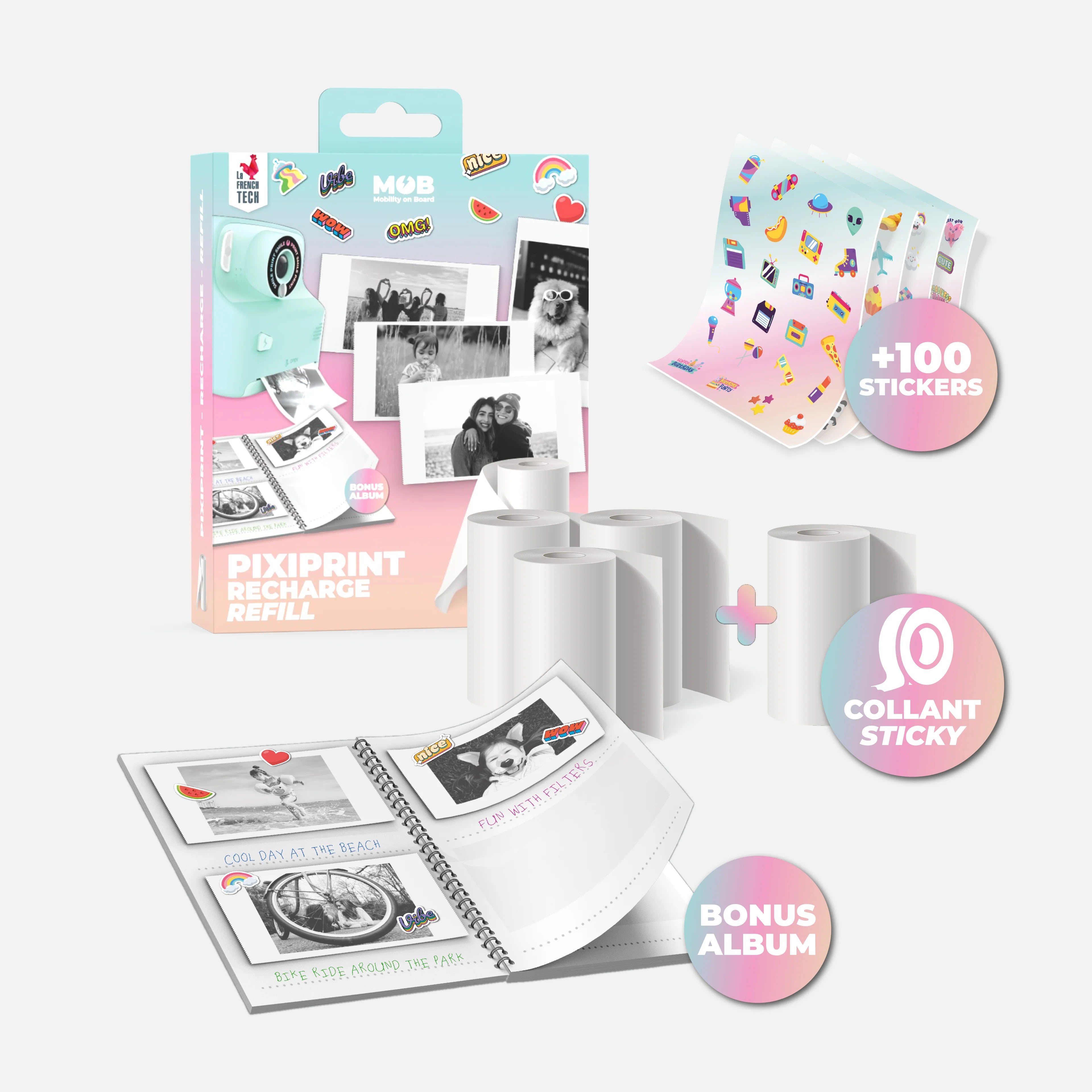 A set of paper, stickers and an album for the PixiPrint MOB camera