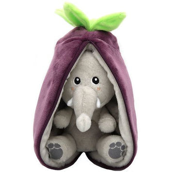 Flipetz plush elephant and eggplant soft bear in a purple eggplant cover with green leaves