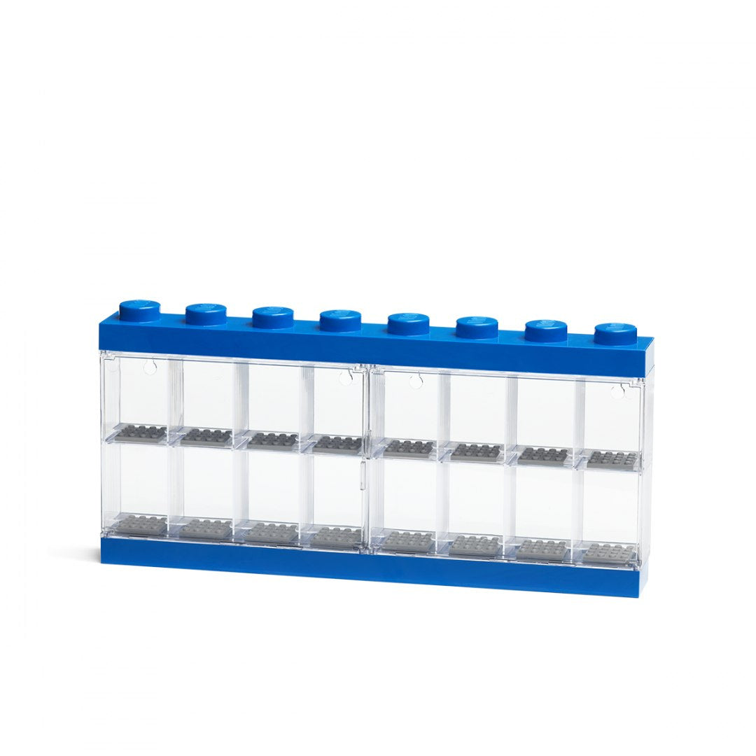 Niebieska gablotka na minifigurki LEGO z przezroczystymi przegródkami do ekspozycji kolekcji