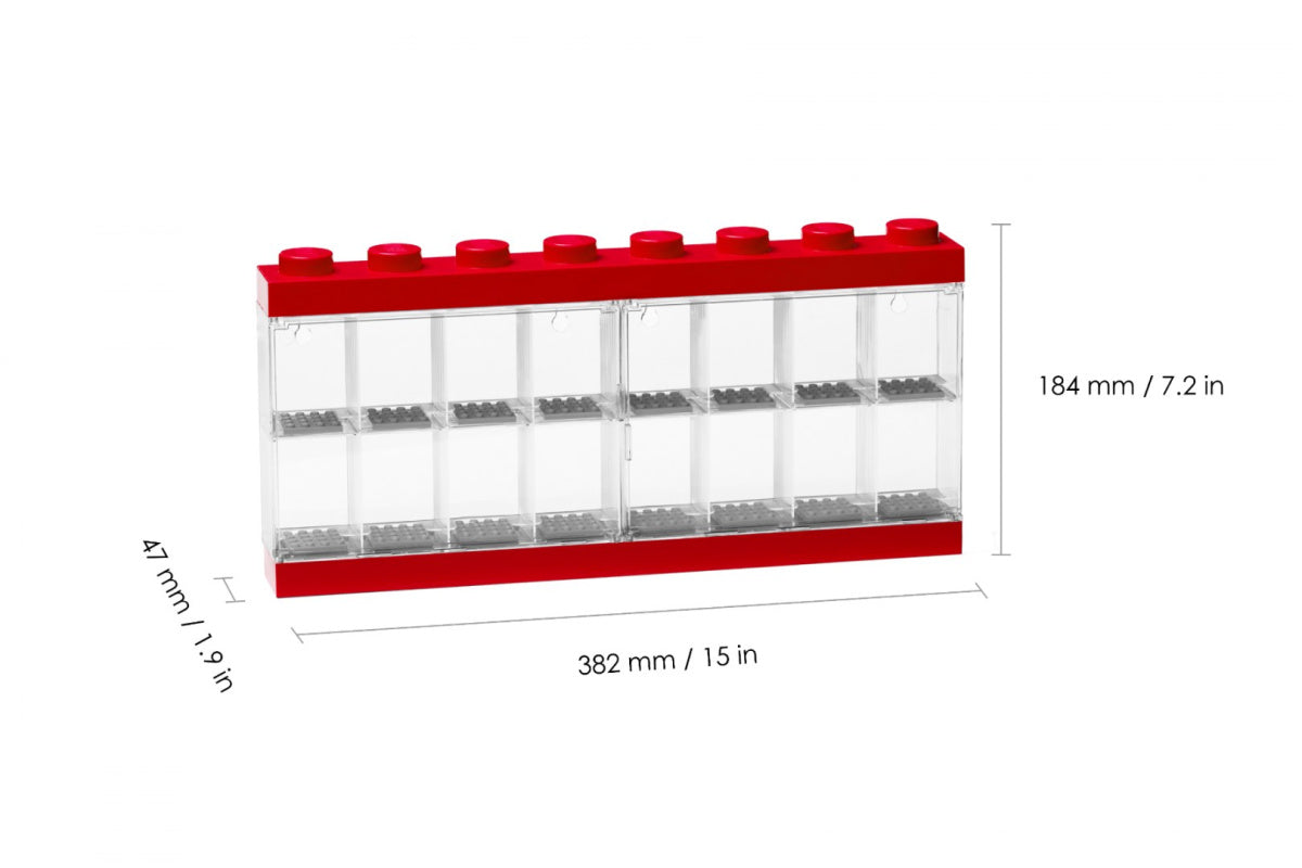 Przezroczysta gablotka na minifigurki LEGO z czerwonym spodem i górą, wymiary 382 mm na 184 mm