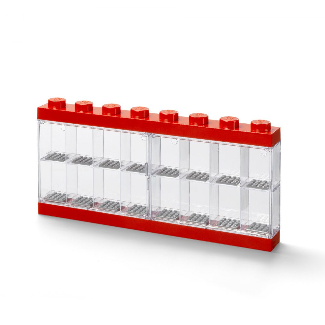 Nowoczesna gablotka na minifigurki LEGO z przezroczystym frontem i czerwonym plastikowym obramowaniem