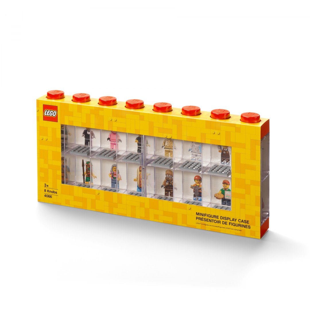 Żółta gablotka na minifigurki LEGO z przezroczystym frontem i 8 miejscami na postacie