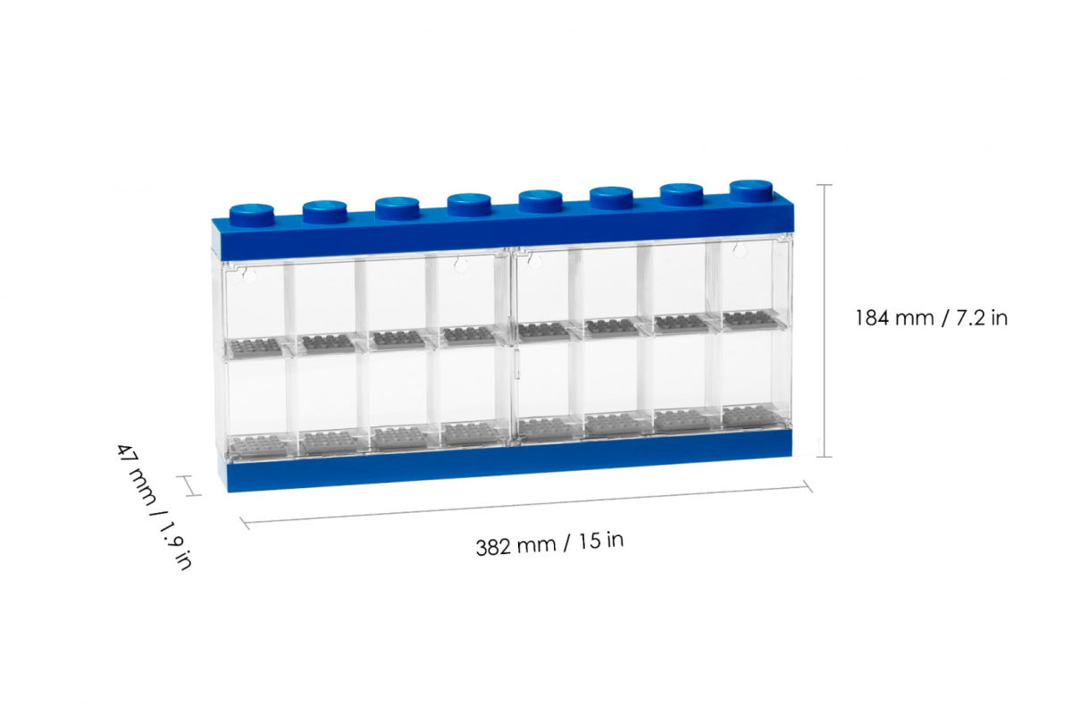 Przezroczysta gablotka na minifigurki LEGO z niebieską podstawą i wymiarami 382x184x41 mm