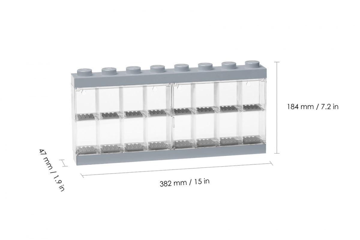 Przezroczysta gablotka na minifigurki LEGO z szarymi klockami i wymiarami 382 mm na 184 mm