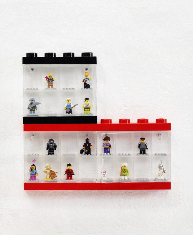 Gablotka na minifigurki LEGO naścienna w kształcie klocków z przezroczystymi przegródkami i figurkami