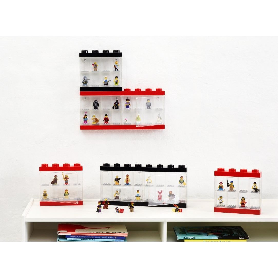 Nowoczesna gablotka na minifigurki LEGO w czarno-czerwonym kolorze do ekspozycji kolekcji