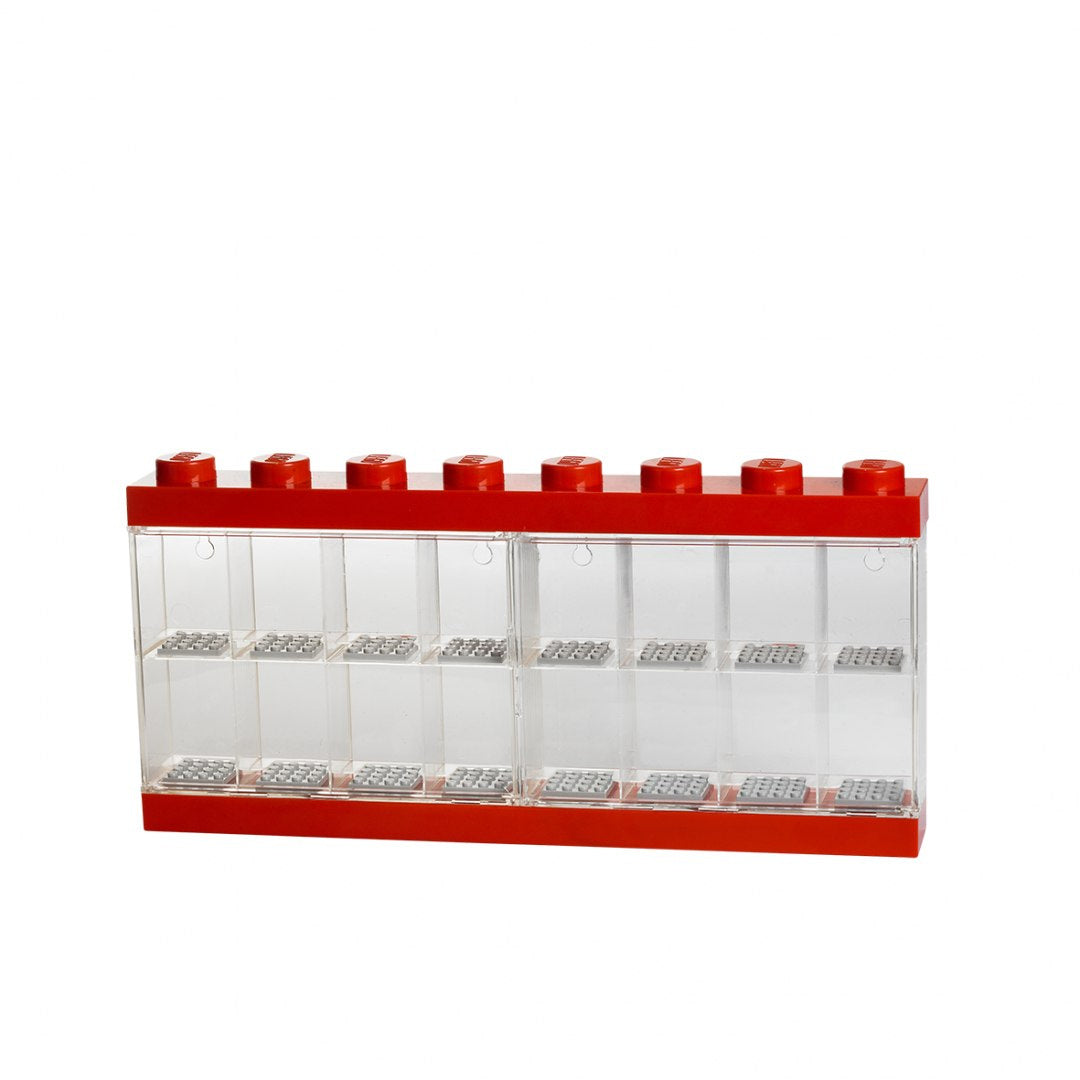 Gablotka na minifigurki LEGO z przezroczystym frontem i czerwonymi elementami przypominającymi klocki