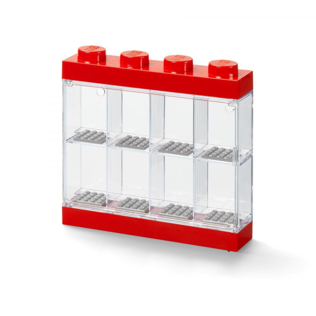 Przezroczysta gablotka na minifigurki LEGO z czerwonymi elementami przypominającymi klocki