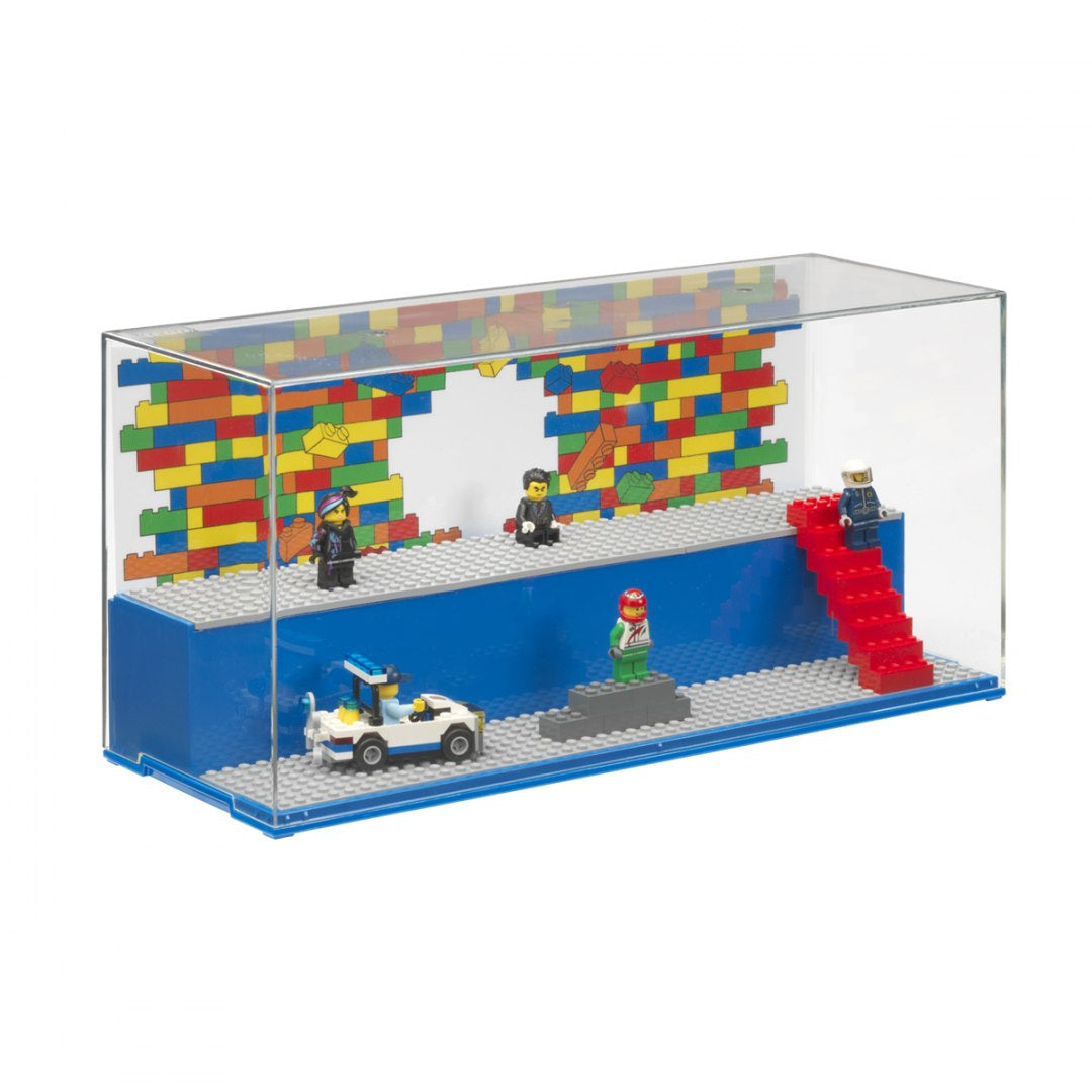 gablotka na LEGO z platformą BV JACOB COMPANY przezroczysta z czerwoną drabiną i kolorowym tłem