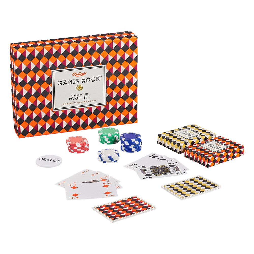 Ridleys zestaw do pokera Texas Hold'em z kartami i żetonami w kolorowych geometrycznych wzorach