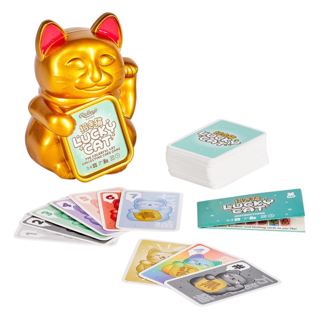 Zestaw gra karciana Lucky Cat z kolorowymi kartami i złotym kotem szczęścia od BV JACOB COMPANY