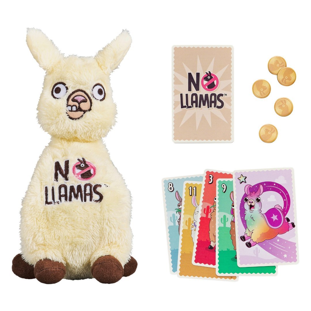 Zestaw gra karciana No Llamas z pluszową lamą, kolorowymi kartami i żetonami