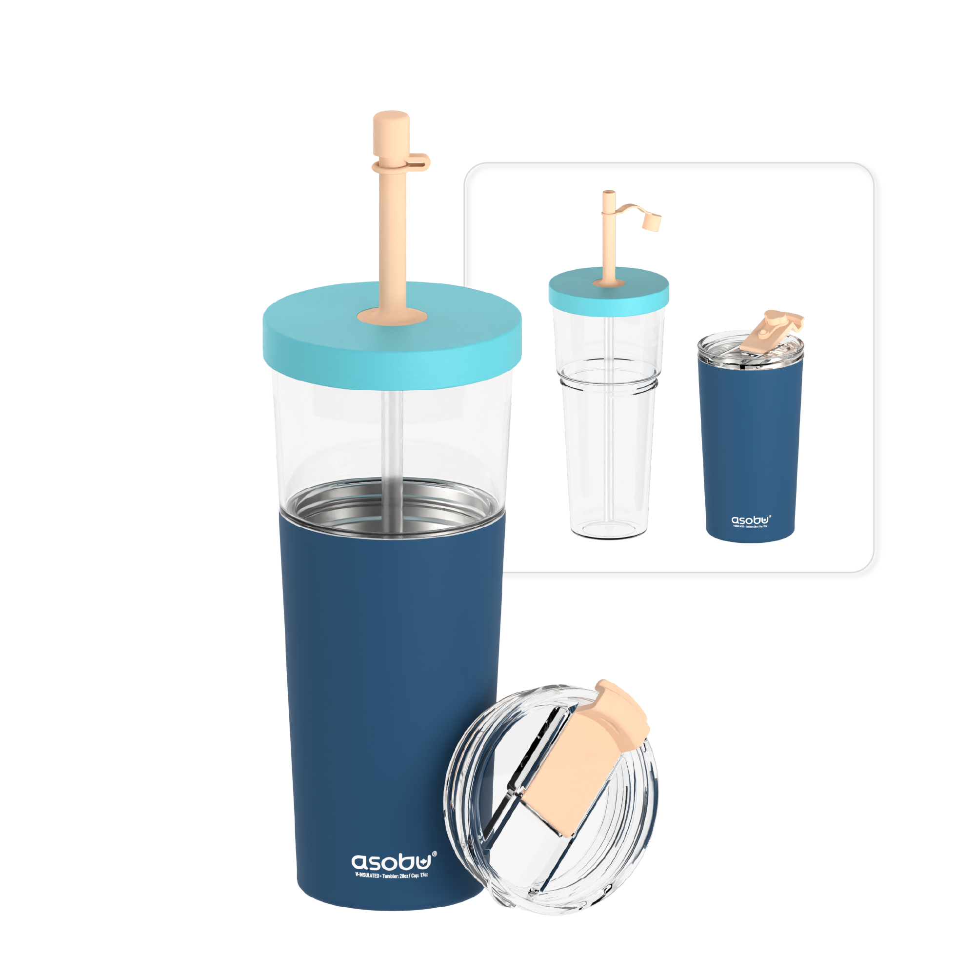 Kubek termiczny ze słomką Marina Asobu – pastel blue 850 ml