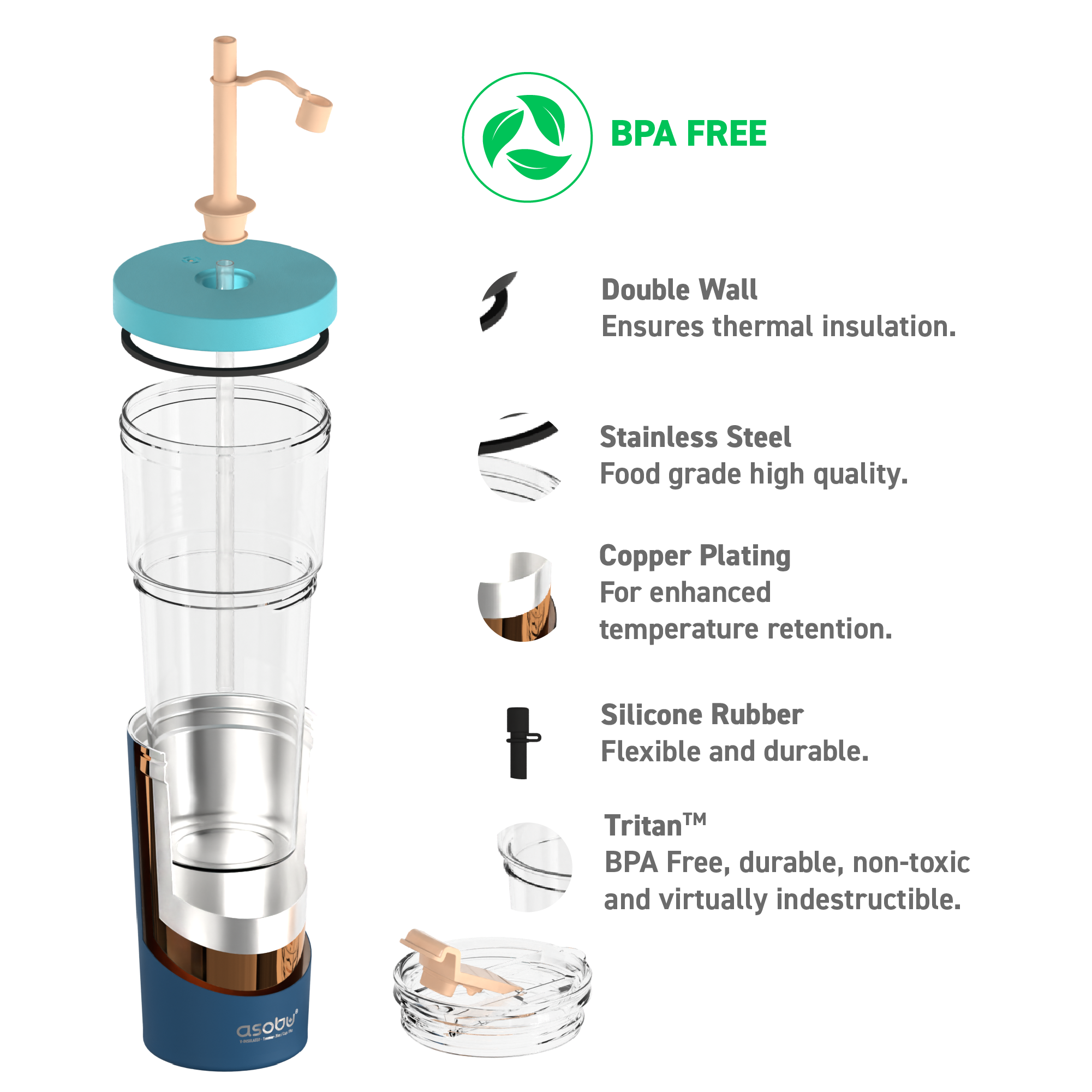 Kubek termiczny ze słomką Marina Asobu – pastel blue 850 ml