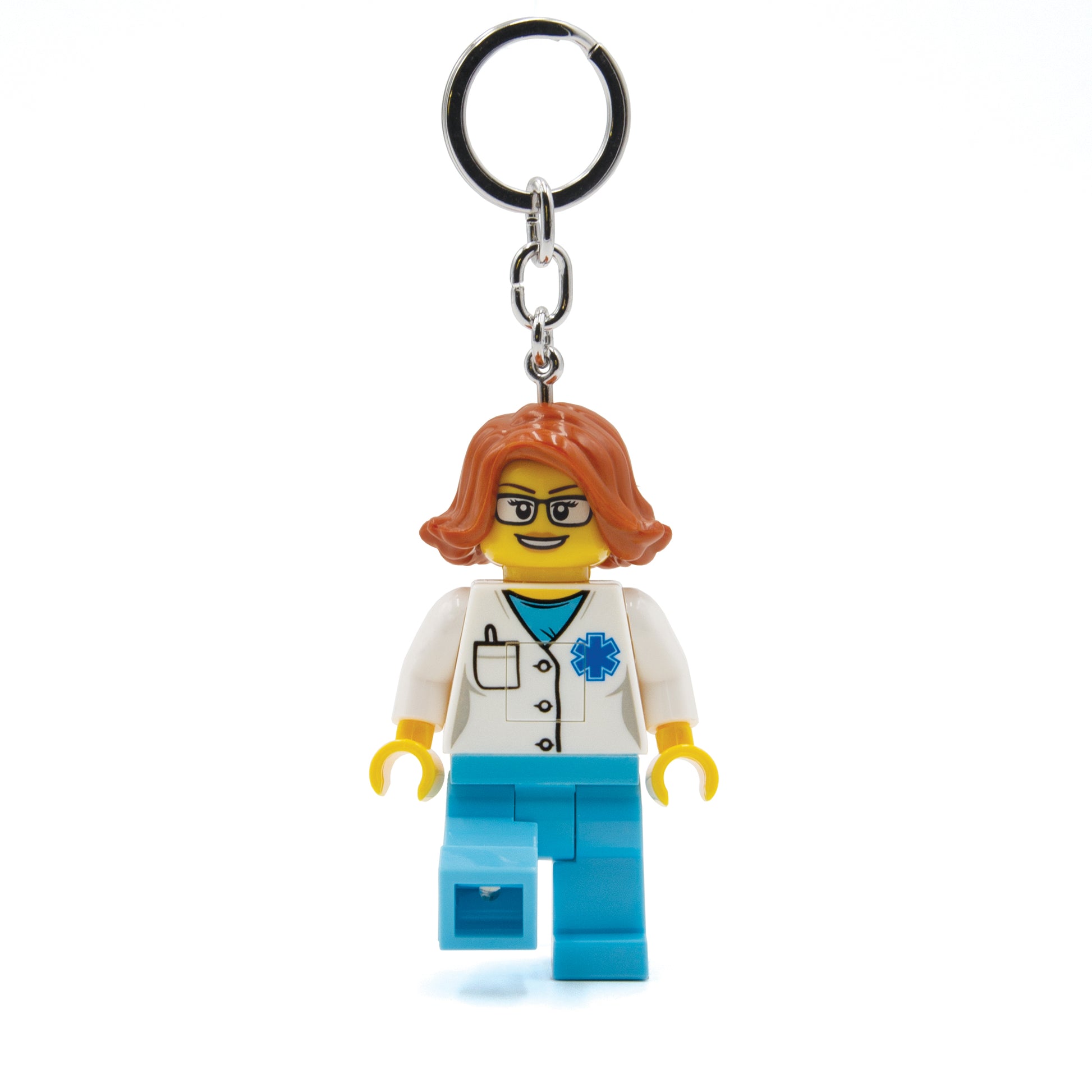 Brelok lego latarka lekarka postać kobiety w białym fartuchu i niebieskich spodniach