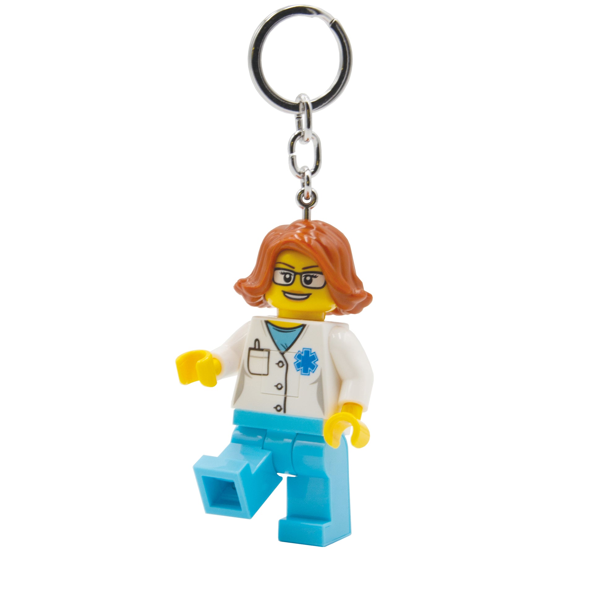 Brelok lego latarka lekarka z figurką karetki w białym fartuchu i niebieskich spodniach