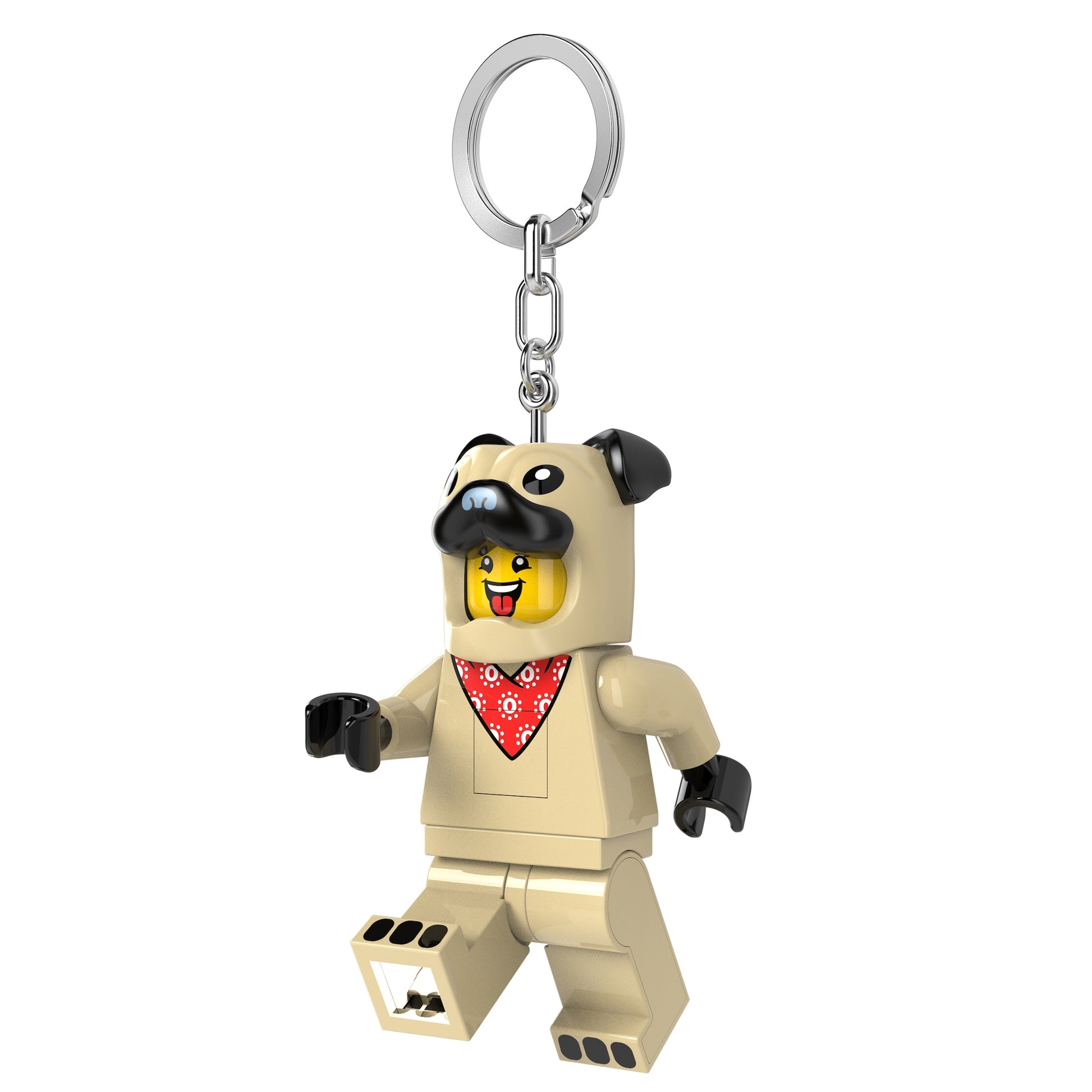brelok z latarką LEGO Mops przedstawiający figurkę LEGO w kostiumie mopsika z czerwonym chusteczkiem