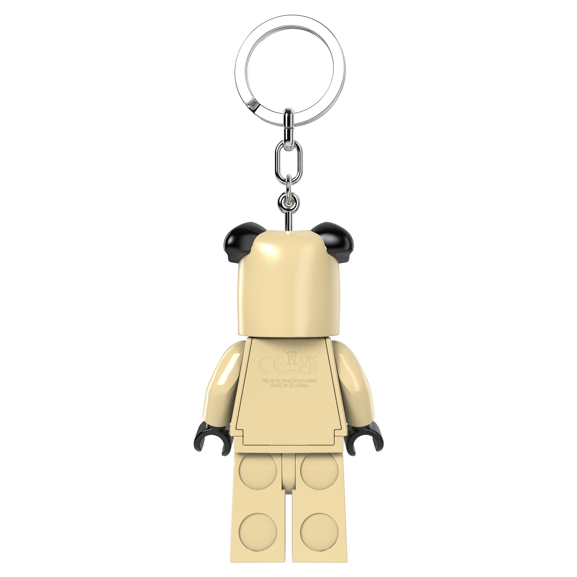 brelok z latarką LEGO Mops przedstawiający figurkę psa z jasnobeżowym ciałem i czarnymi uszami