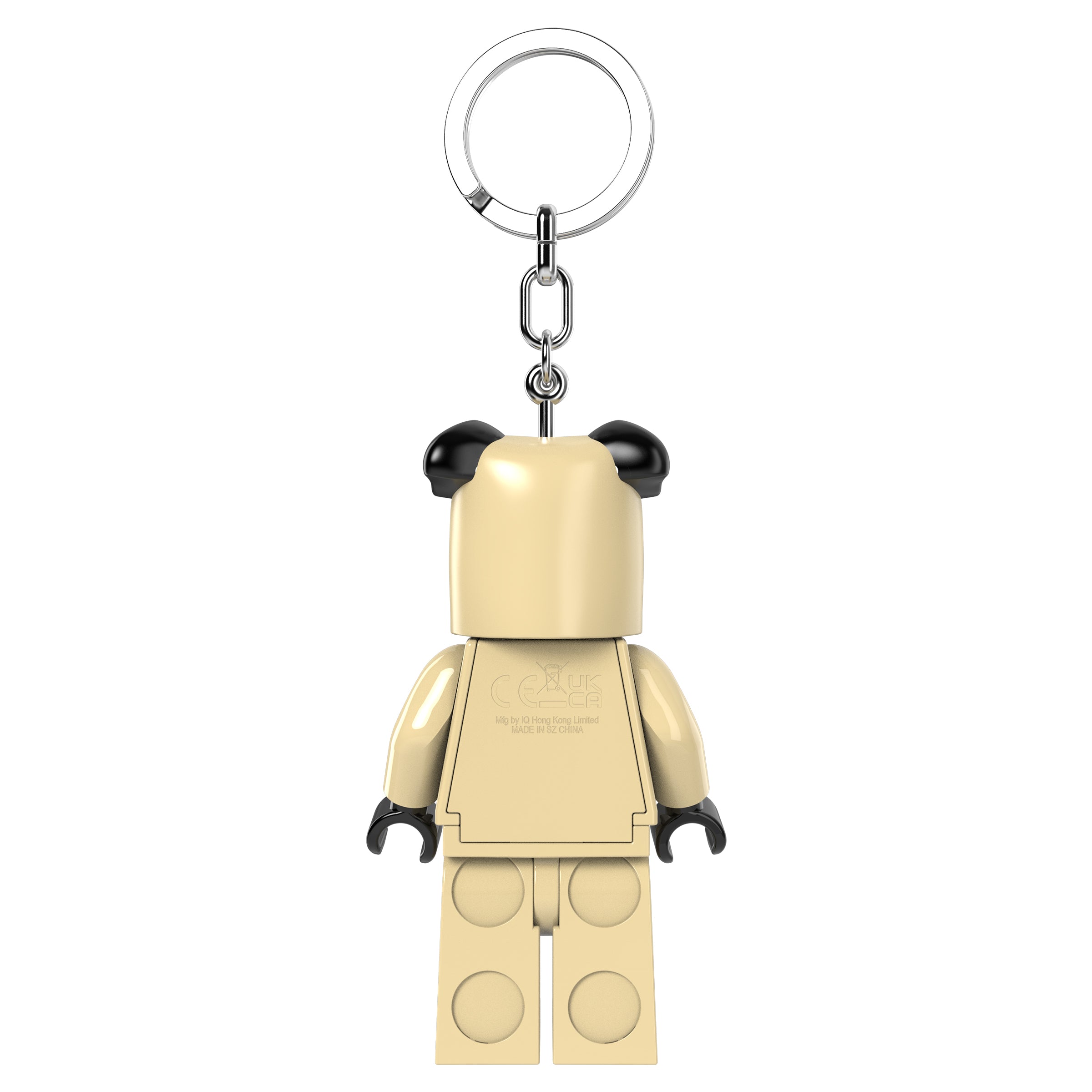 brelok z latarką LEGO Mops przedstawiający figurkę psa z jasnobeżowym ciałem i czarnymi uszami