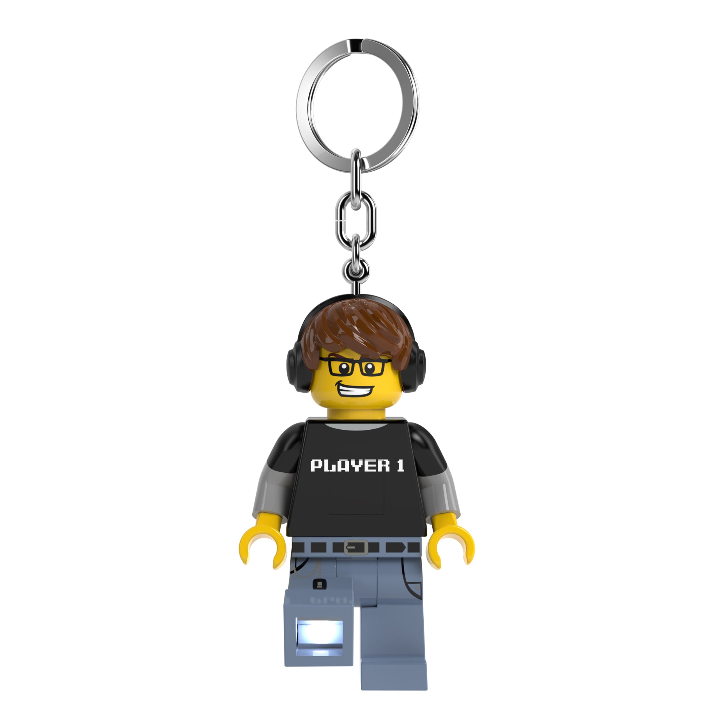 Brelok z latarką LEGO Gamer w kształcie minifigurki gracza z czarną koszulką i słuchawkami