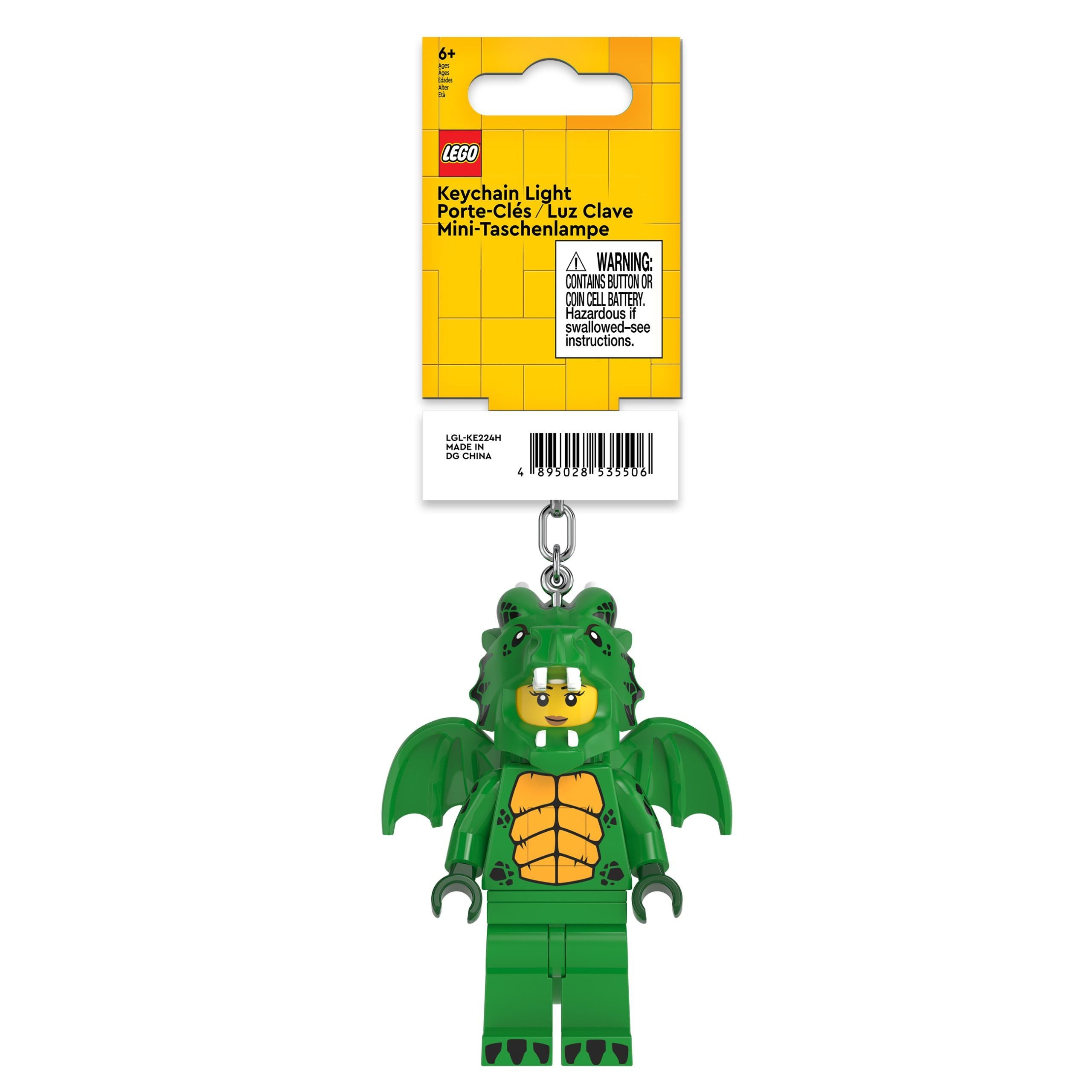 Brelok z latarką LEGO Zielony Smok w kształcie figurki LEGO z zielonymi skrzydłami i pomarańczowym brzuszkiem