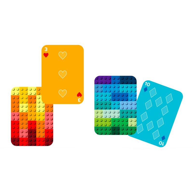 Karty do gry LEGO z kolorowymi klockami i tradycyjnymi symbolami do zabawy