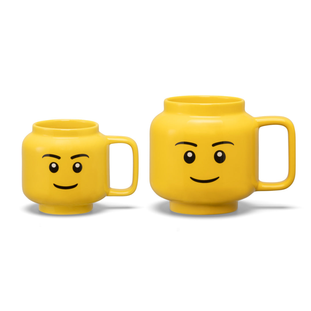 kubek LEGO ceramiczny chłopiec w żółtym kolorze z uchem, dwa różne rozmiary
