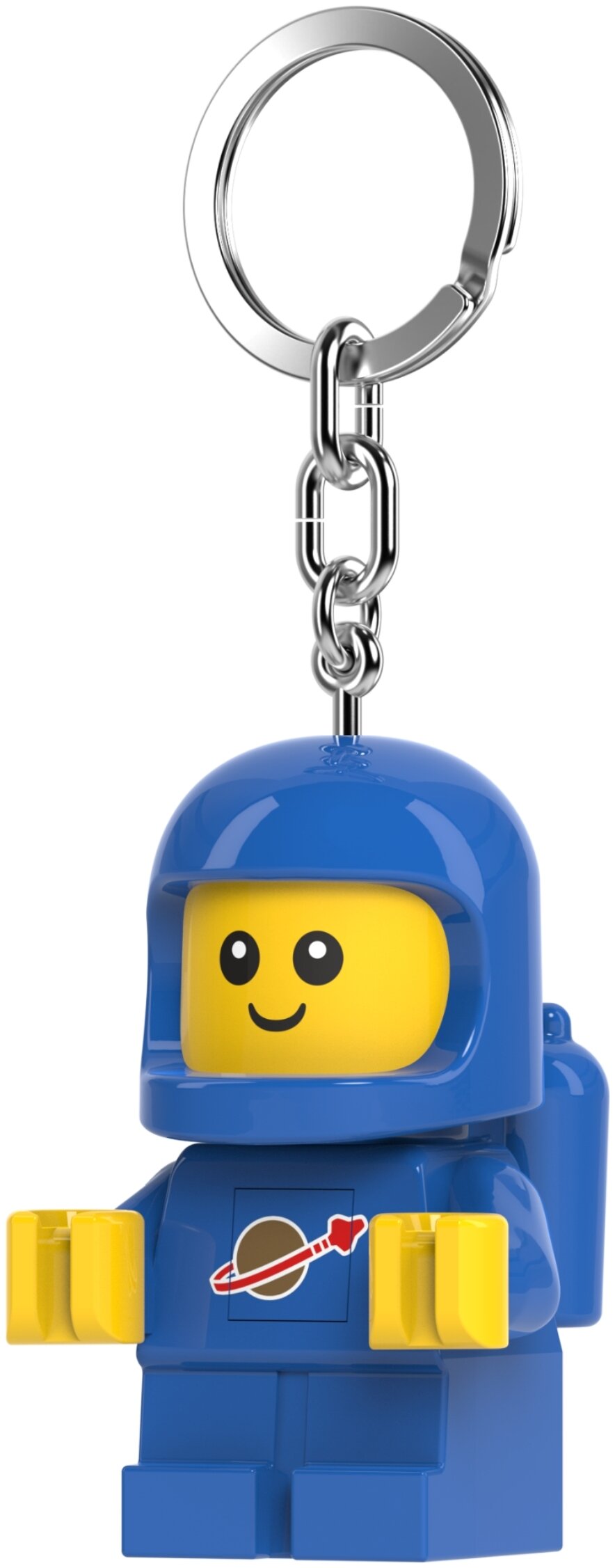 Brelok z latarką LEGO astronauta w niebieskim kombinezonie z uśmiechniętą twarzą i metalowym pierścieniem