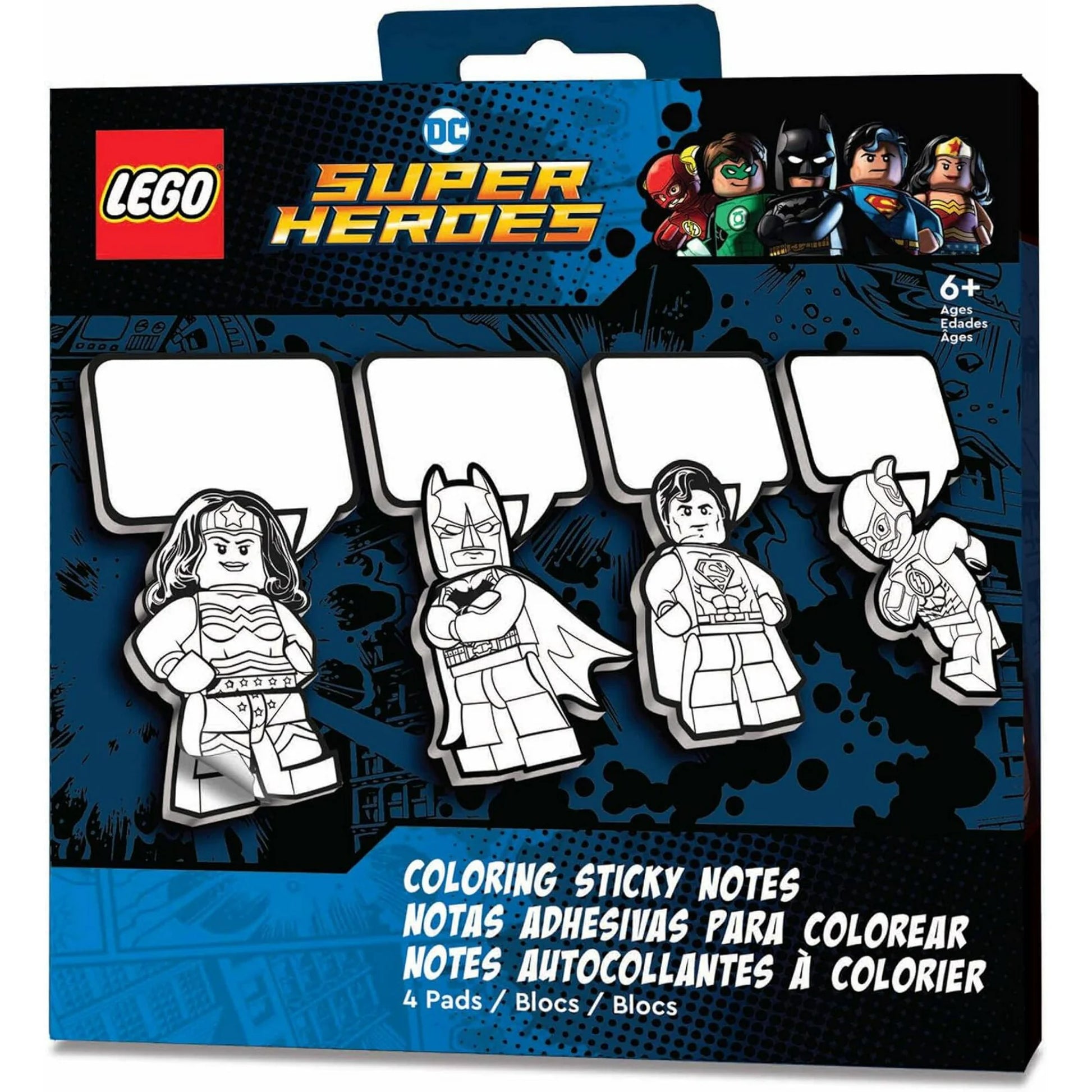 Samoprzylepne karteczki LEGO Batman z postaciami Wonder Woman, Batmana, Supermana i Flasha