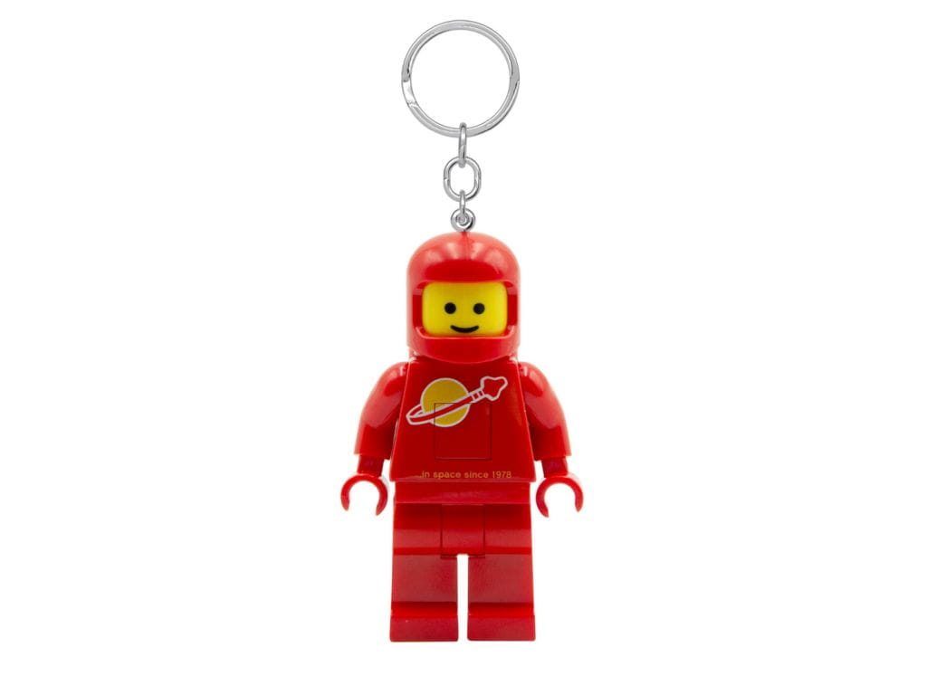 Czerwony brelok z latarką LEGO astronauta z iconicznym kaskiem i symbolem planety
