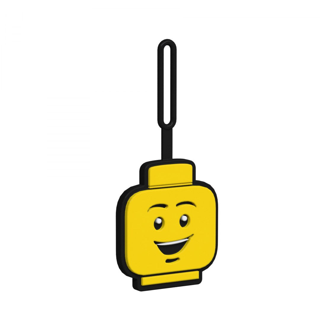 Żółta zawieszka LEGO do plecaka w kształcie uśmiechniętej głowy LEGO z czarnym mocowaniem