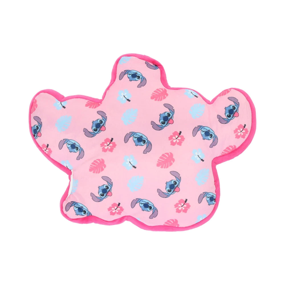 Pink pillow Lilo and Stitch Angel with a print of Stitch characters and flowers on a white background
