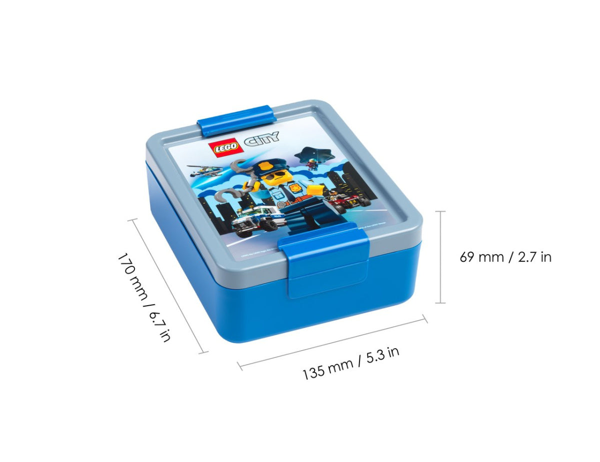 Lunchbox LEGO City w niebieskim kolorze z motywem policjanta na pokrywie od BV JACOB COMPANY