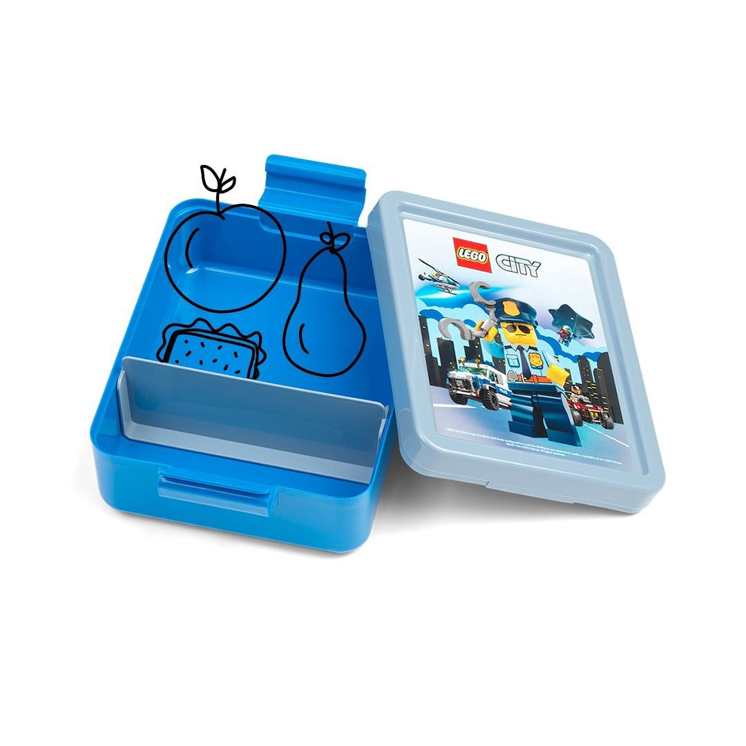 Lunchbox LEGO City dla dzieci w niebieskim kolorze z ilustracją policjanta na pokrywie