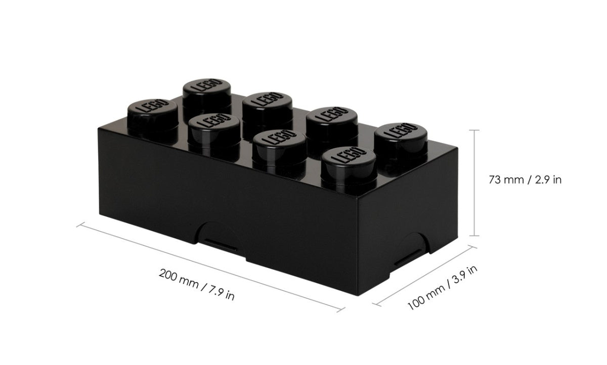 lunchbox LEGO czarny w kształcie klocka LEGO o wymiarach 200x100x73 mm