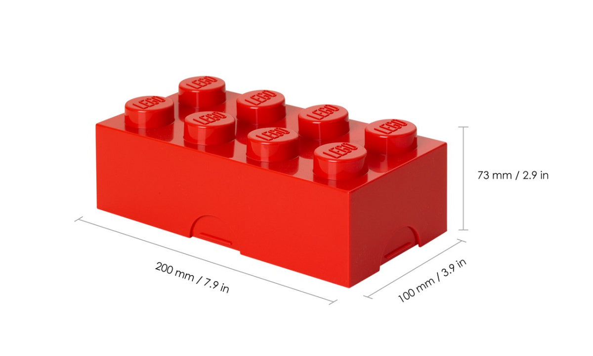 Lunchbox klocek LEGO czerwony z ośmioma wypustkami i wymiarami 200x100x73 mm od BV JACOB COMPANY