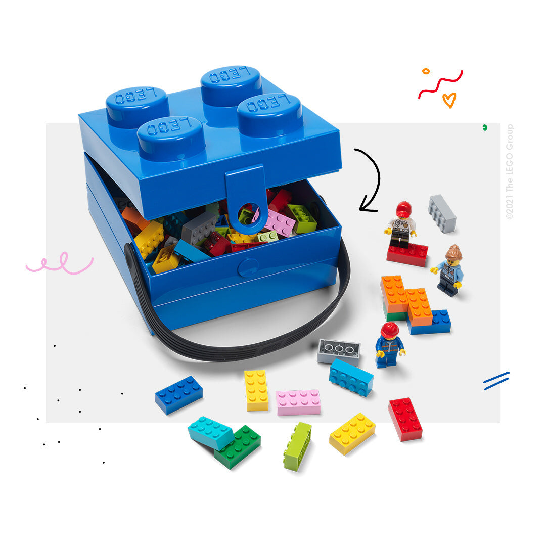 Lunchbox klocek LEGO niebieski z uchwytem i minifigurkami, pojemnik na klocki LEGO