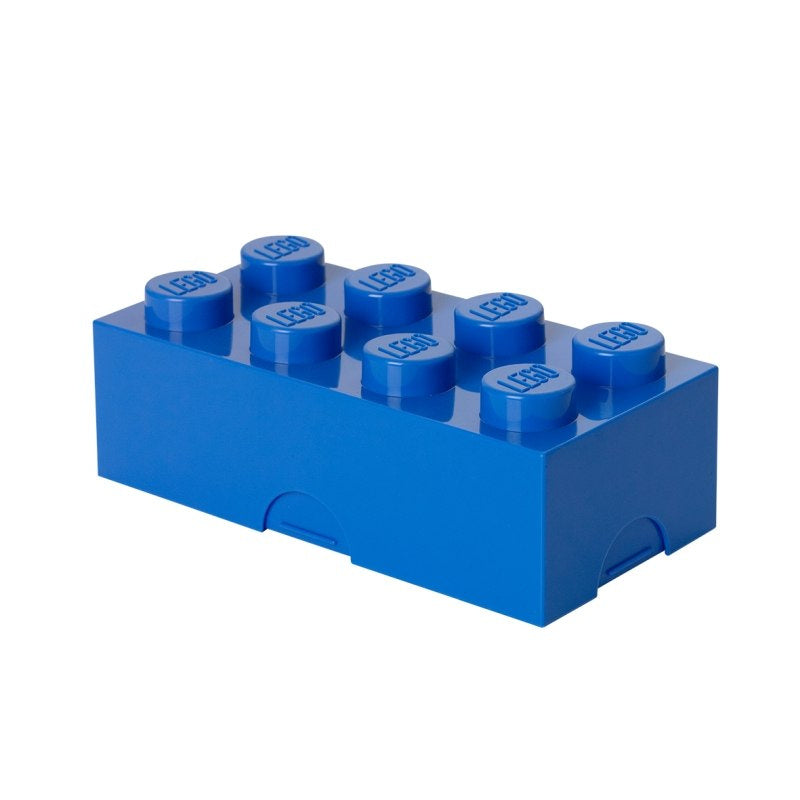 Niebieski lunchbox LEGO niebieski w kształcie klocka z wypukłym logo LEGO