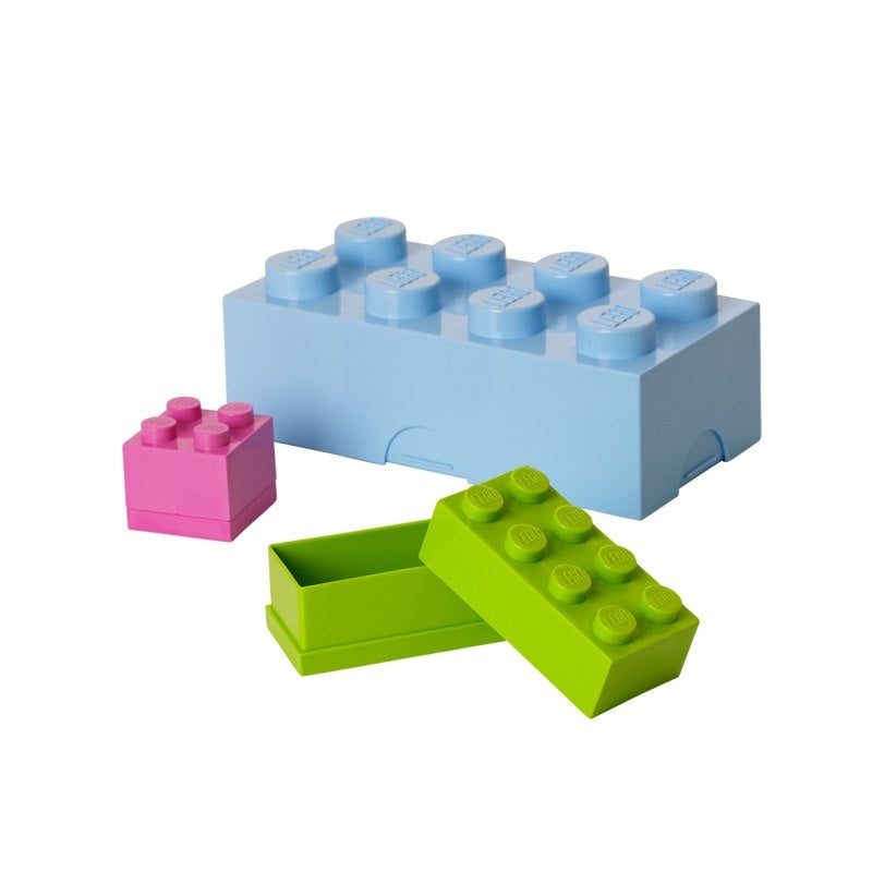 Lunchbox LEGO czarny w kształcie klocków w kolorze niebieskim, zielonym i różowym