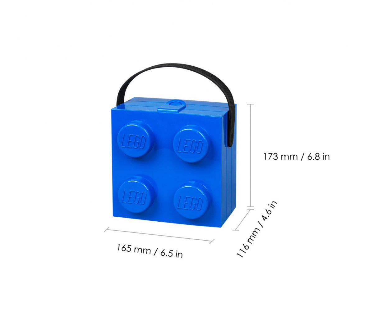 Niebieska lunchbox klocek LEGO z wygodnym uchwytem i czterema wypukłymi klockami